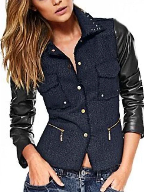 David Kahn Black Tweed Jacket Faux Leather Sleeves & Gold Stud Hardware Sz S - Picture 7 of 7